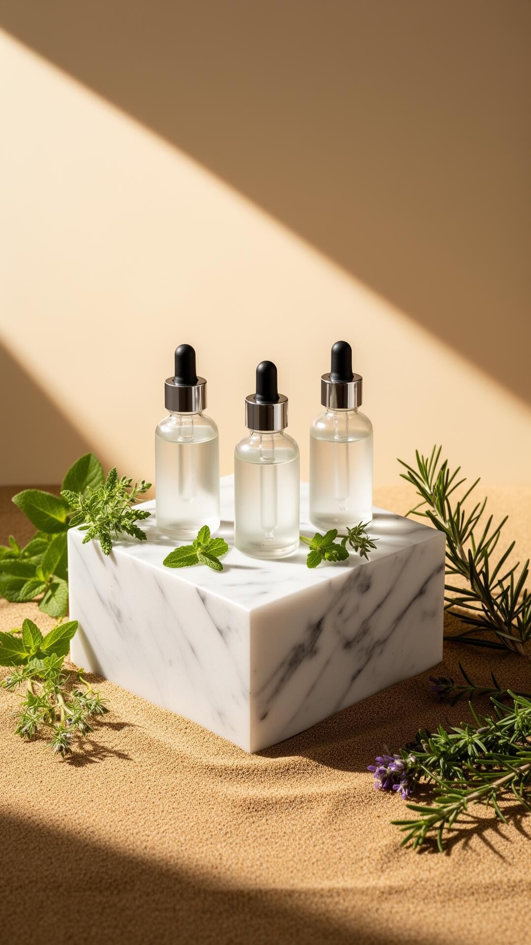 Clean beauty serum bottles on marble